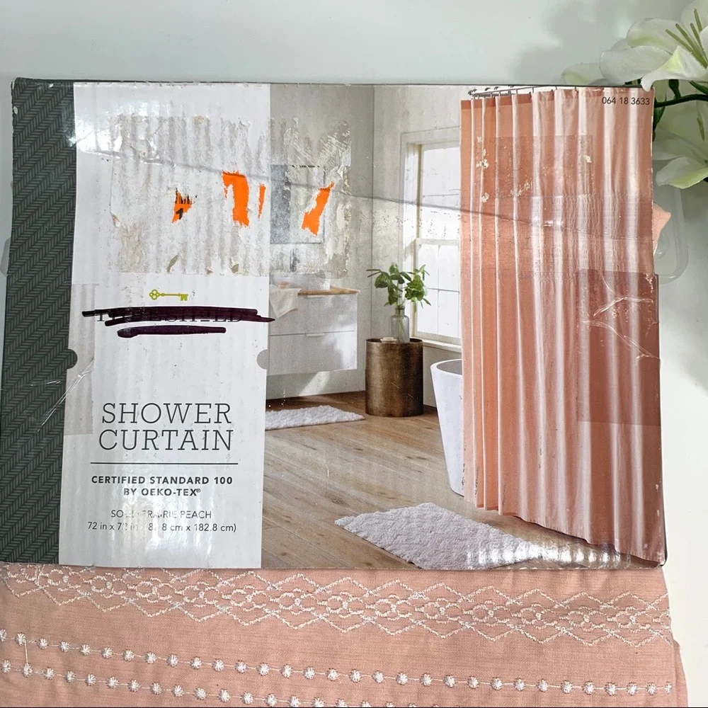 Threshold Peach / White Embroidery Shower Curtain